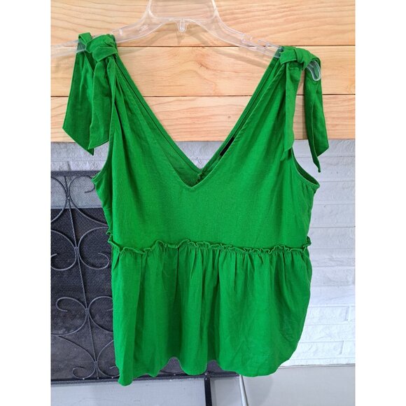 Who What Wear Kelly Green Linen Blend Tie Strap Peplum Top Summer Vacation L - Picture 2 of 7